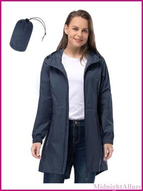 Women's Waterproof Long Rain Coat Packable Hooded Rain Jacket